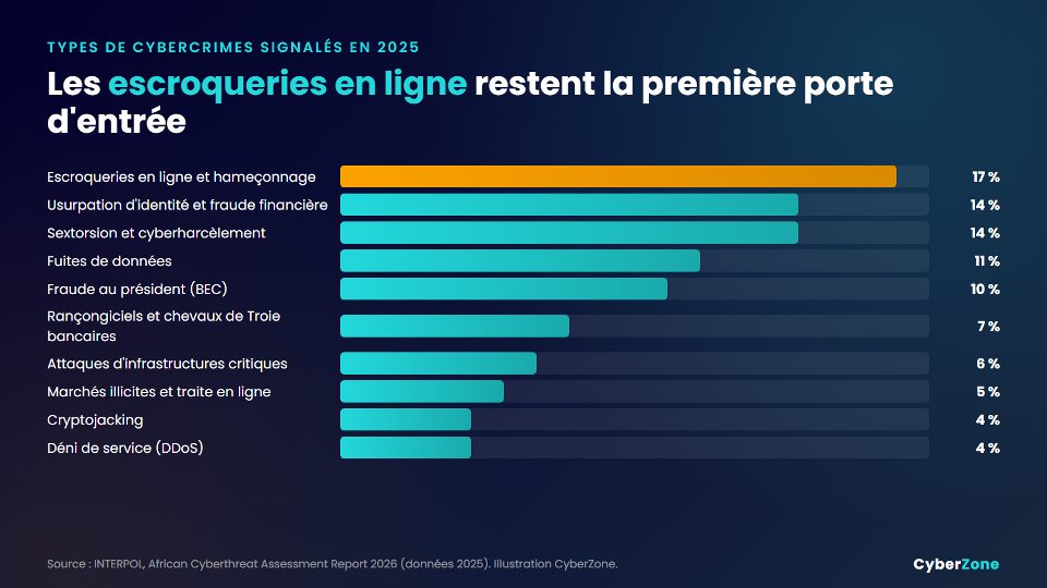 Répartition des cybercrimes signalés en Afrique en 2025 par type