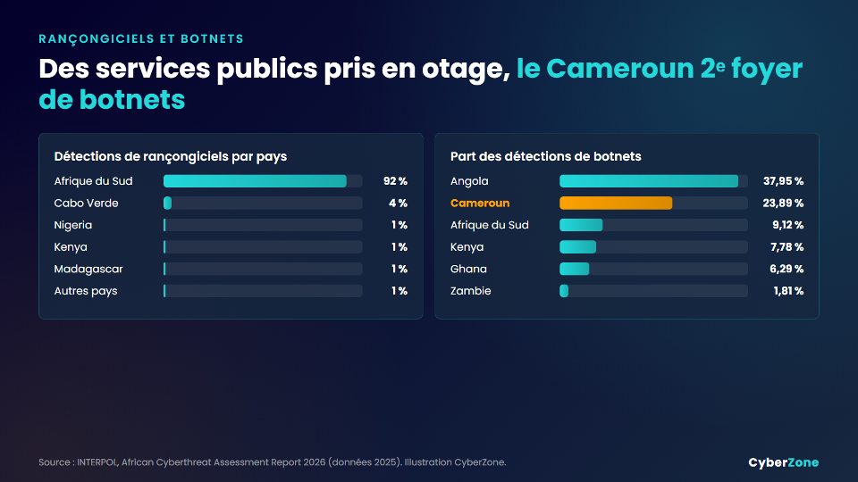 Détections de rançongiciels et de botnets par pays africain en 2025